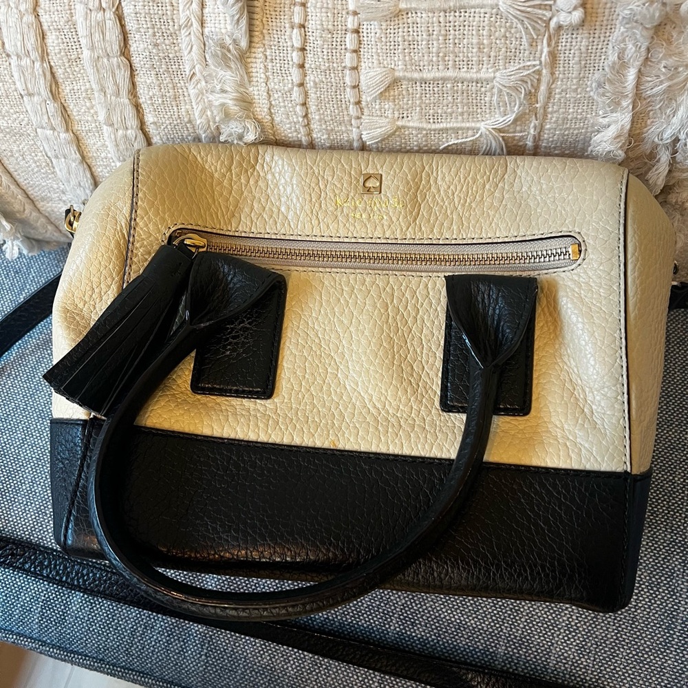 kate spade Black and Cream Satchel with Textured Leather